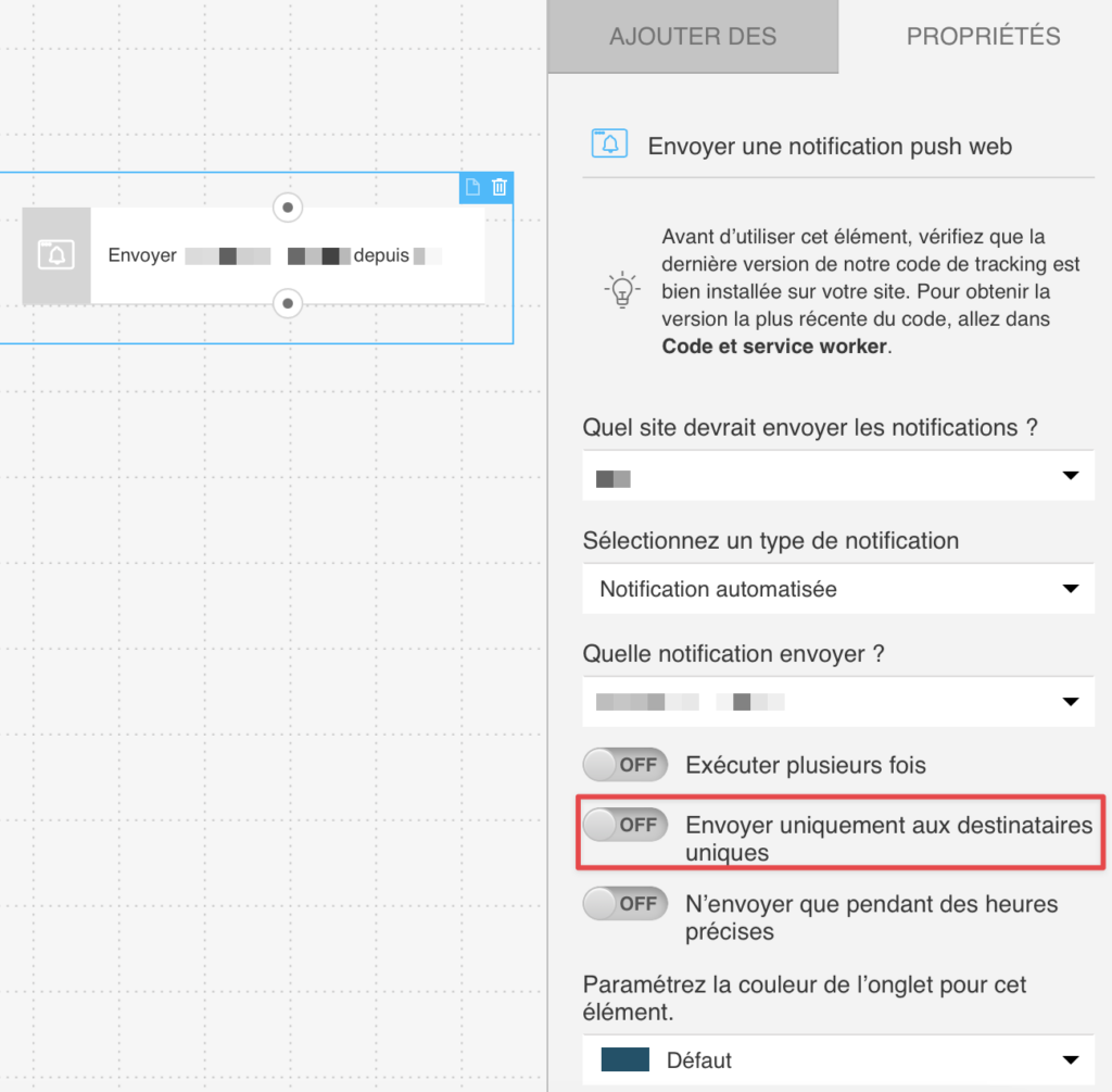  L'action Envoyer une notification push - envoyer uniquement à des destinataires uniques
