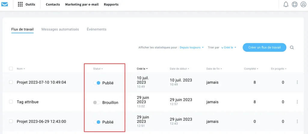 La bascule de statut dans Automatisation