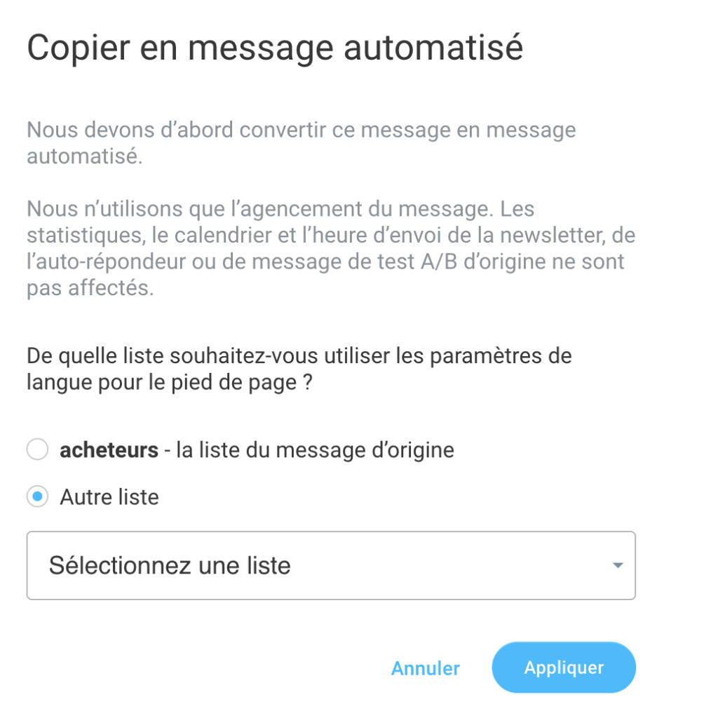 Sélectionner la liste pour le message d'automatisation