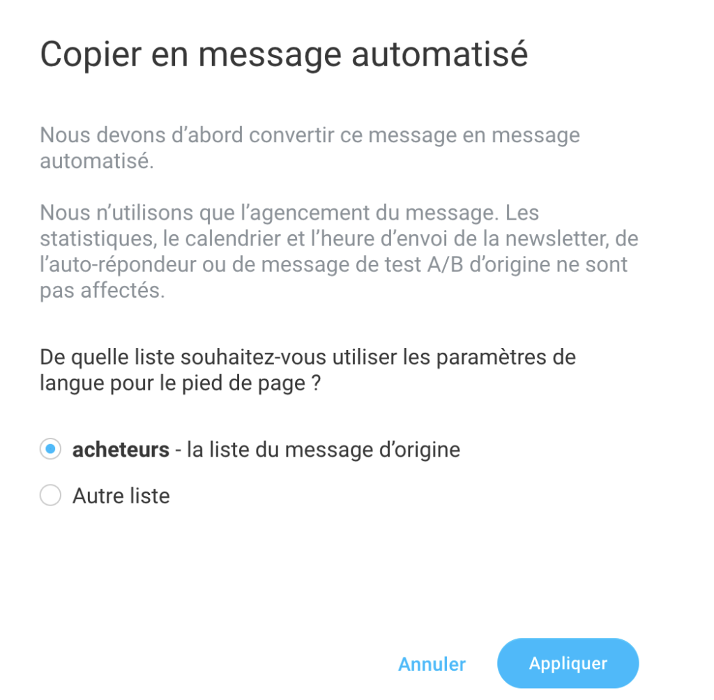 Panier abandonné - Copier le message vers l'automatisation
