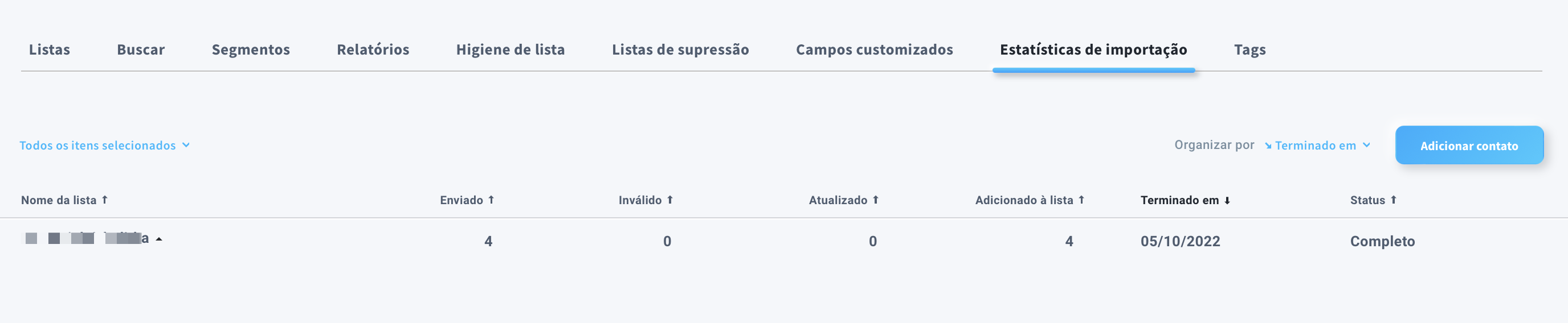 Lista de importações enviadas