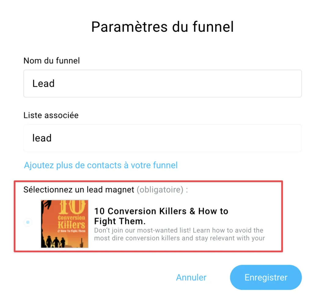 Paramètres du funnel