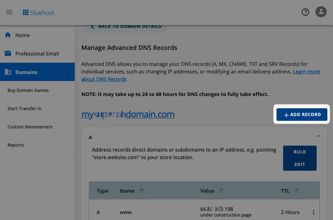 adding DNS record in bluehost