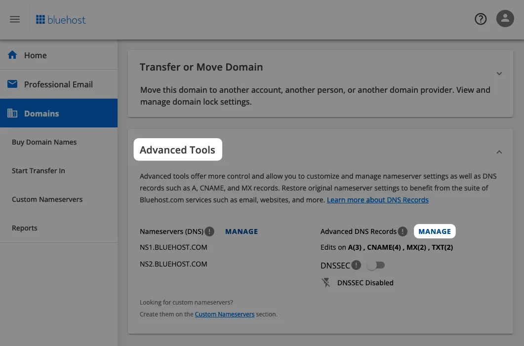 Manage Domains in bluehost