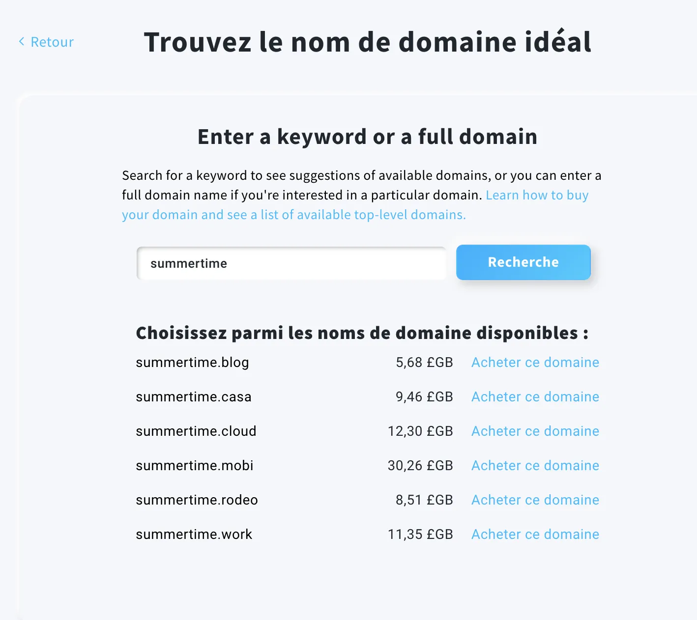 Rechercher les domaines disponibles