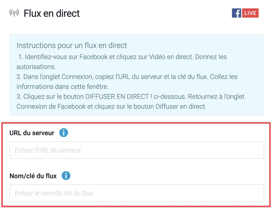 Coller le lien du flux en direct
