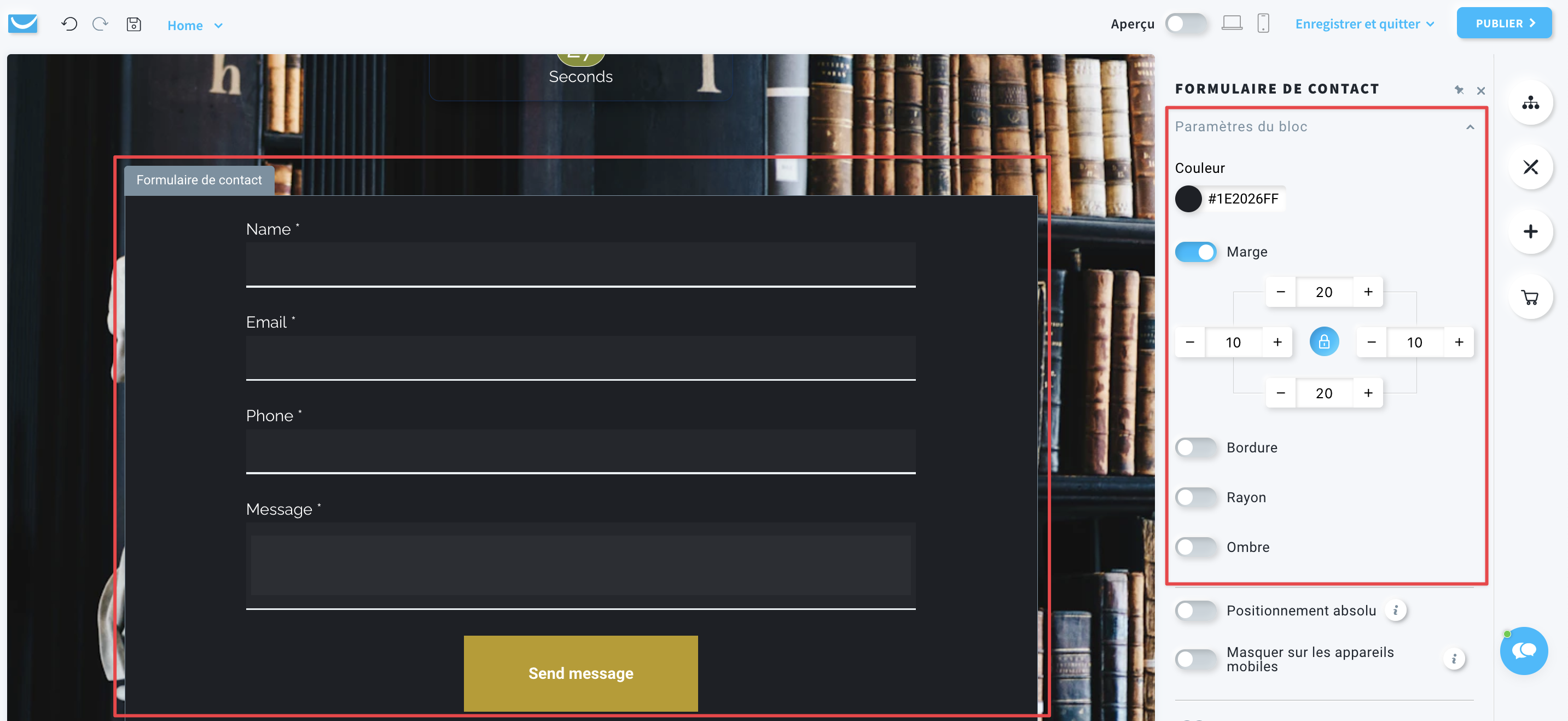 Formulaire de contact - Paramètres du bloc