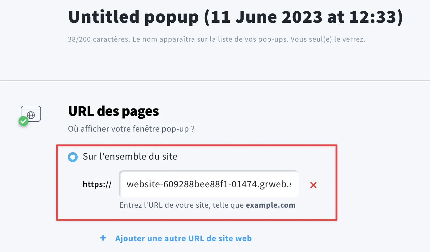 Ajoutez l'URL de votre page de destination sous Sur l'ensemble du site dans la section URL des pages