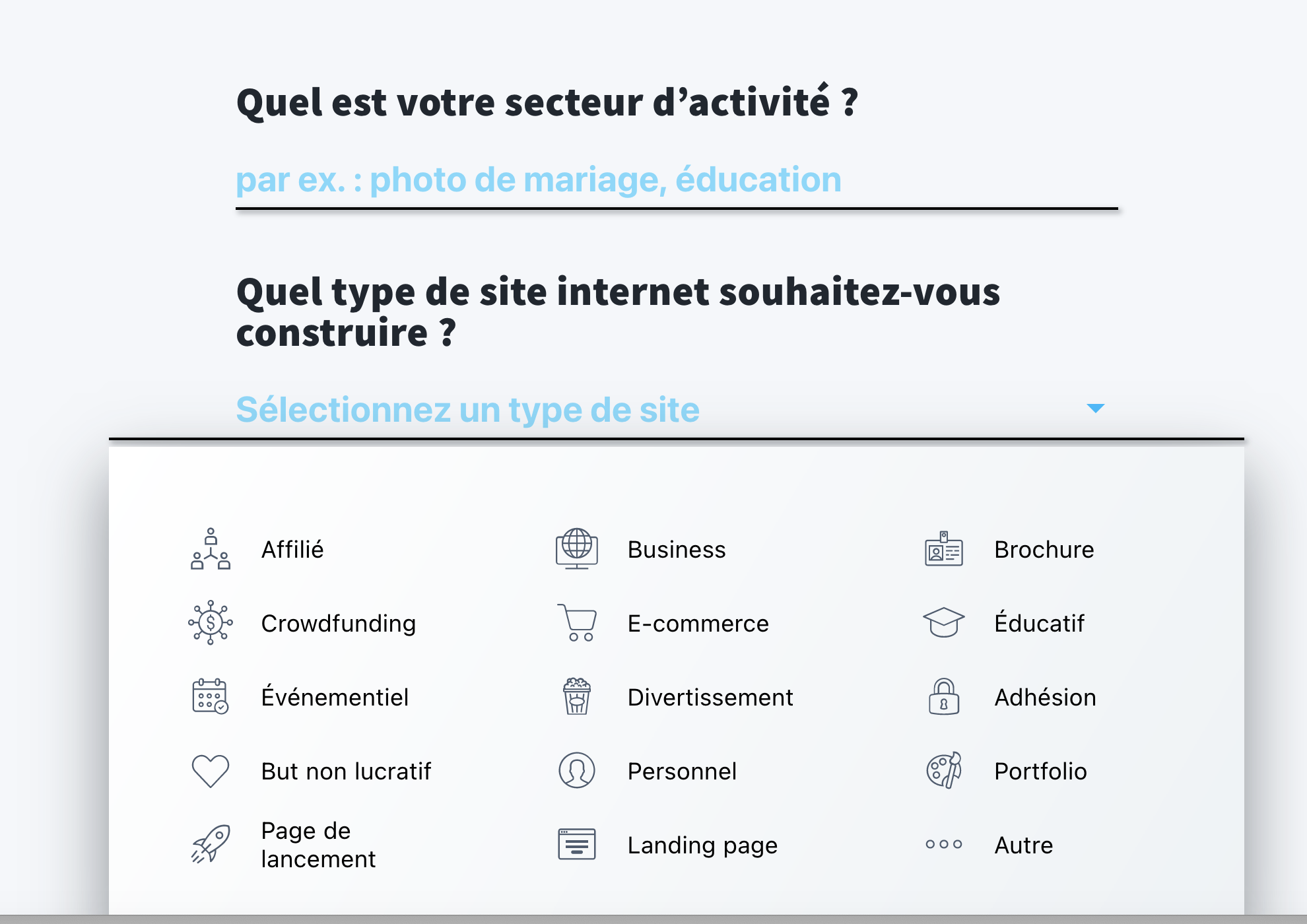 Sélectionnez le secteur d'activité et le type de site