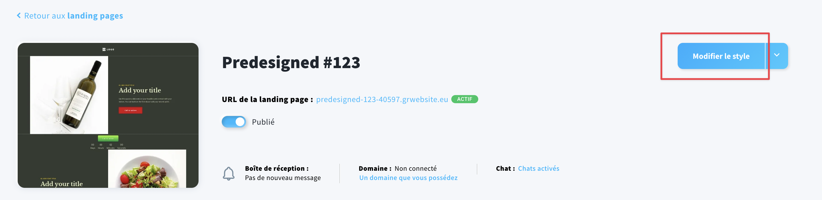 Bouton "Modifier le style" dans une landing page