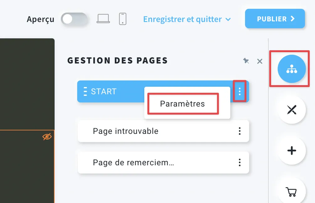 Ou trouver les paramètres de la landing page