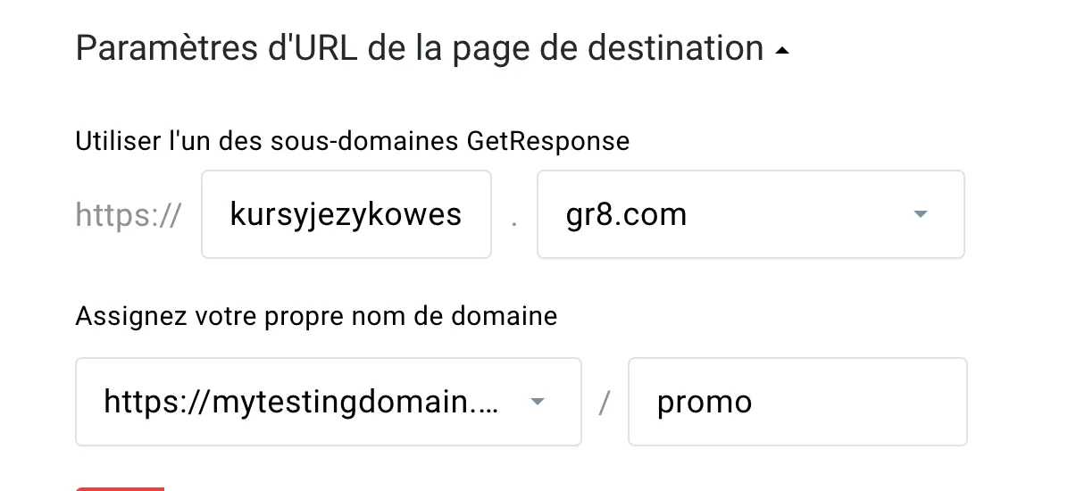 Paramètres d'URL de la page de destination