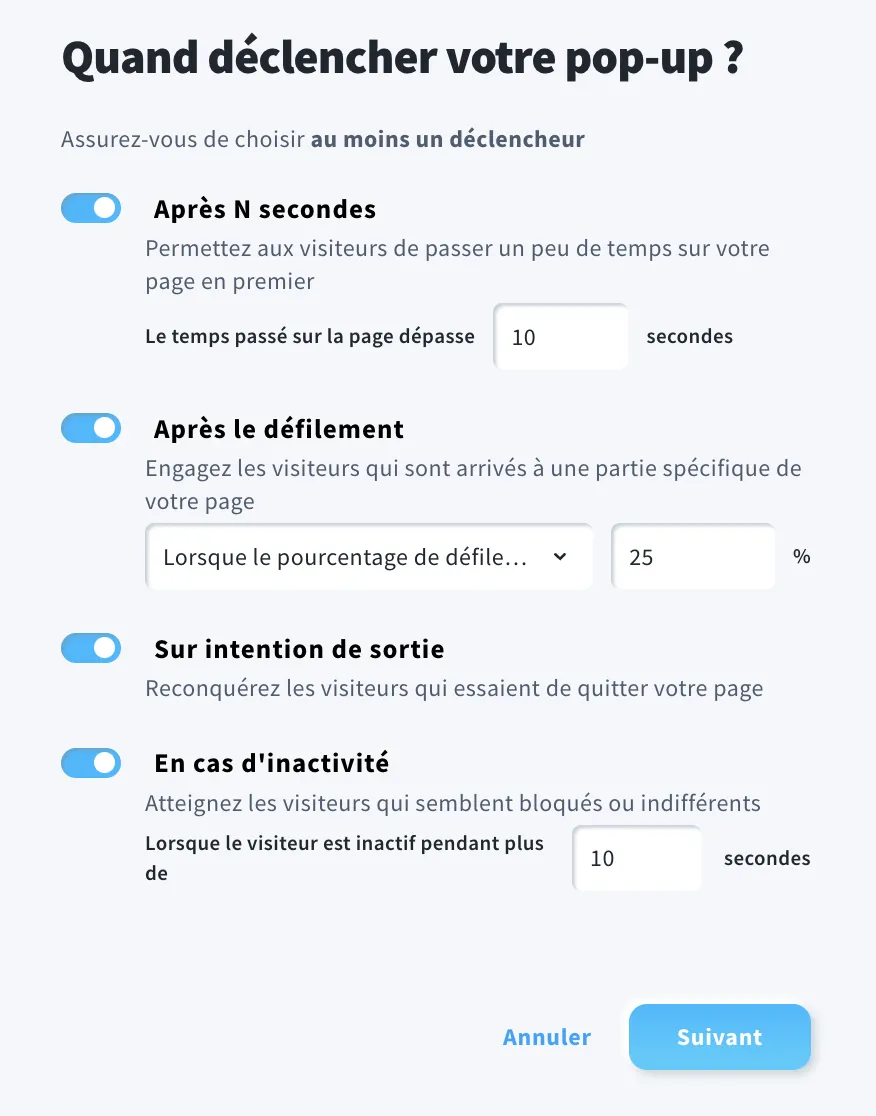 Les déclencheurs disponibles