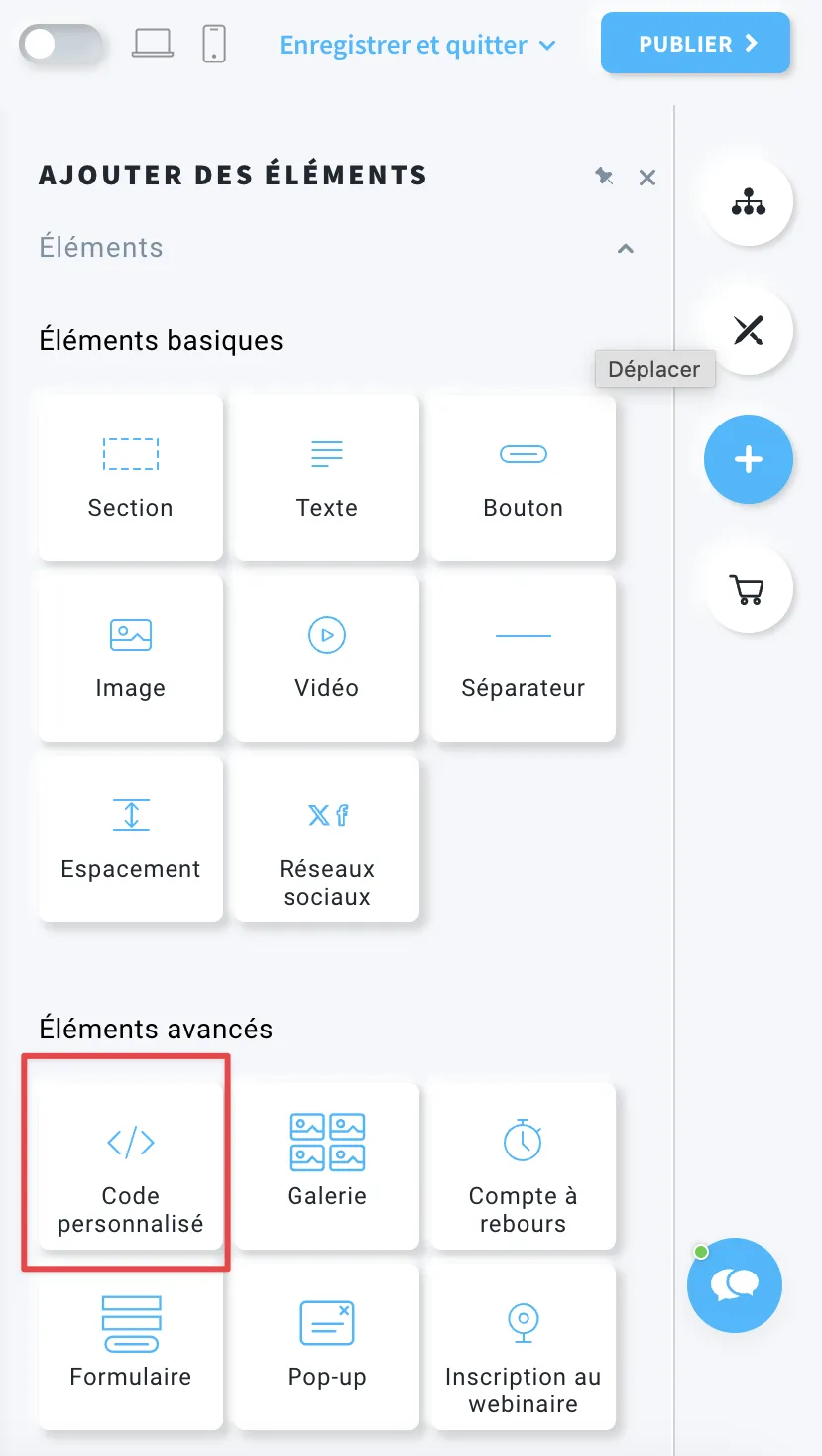 Code personnalisé dans le créateur de site web
