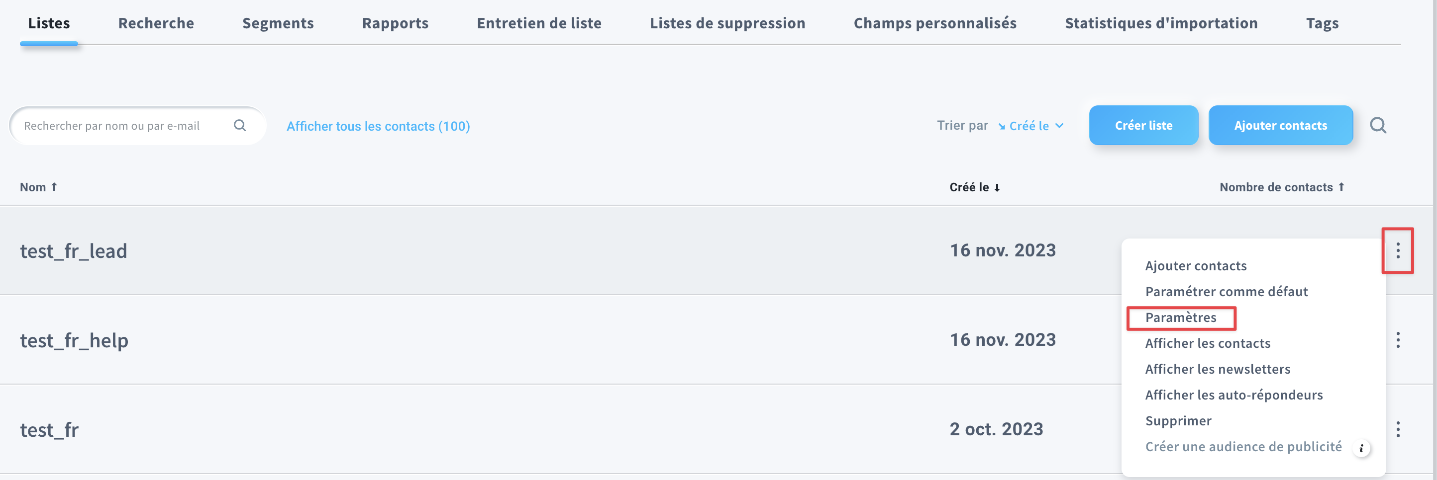 Comment trouver les paramètres de la liste