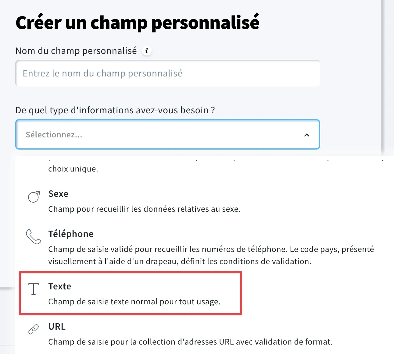 champ personnalisé du type texte