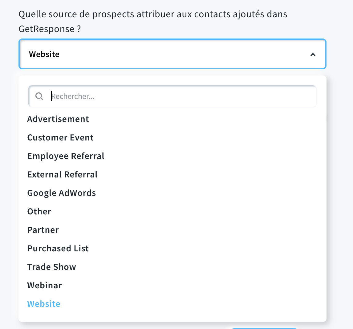 Sélectionner la source pour les contacts ajoutés dans GetResponse