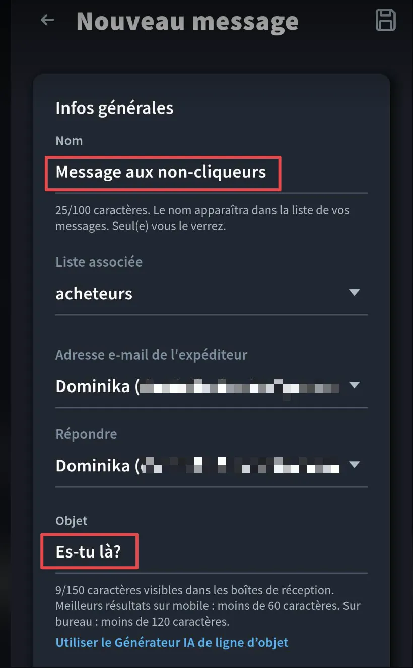 Ajouter le nom et l'objet du message