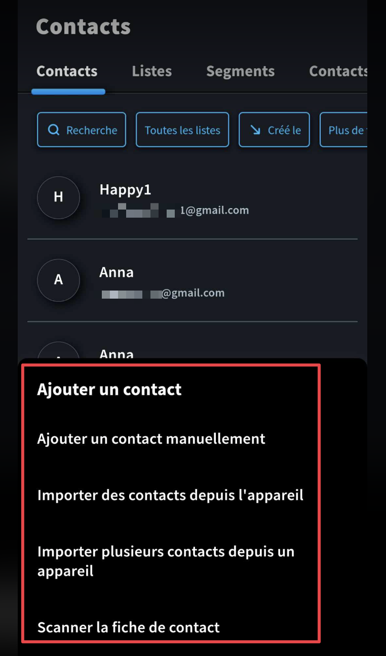 Options pour ajouter vos contacts