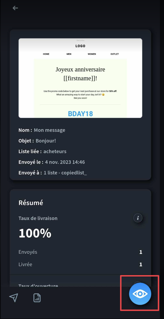 Prévisualiser votre e-mail -  l'icône de l'œil