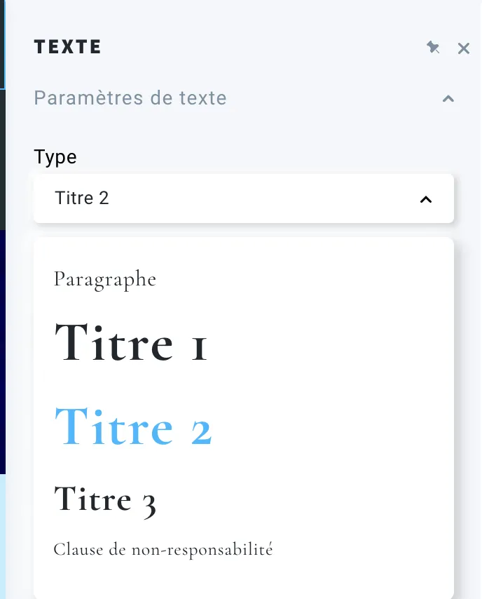 Différents types de titres dans le créateur de site internet