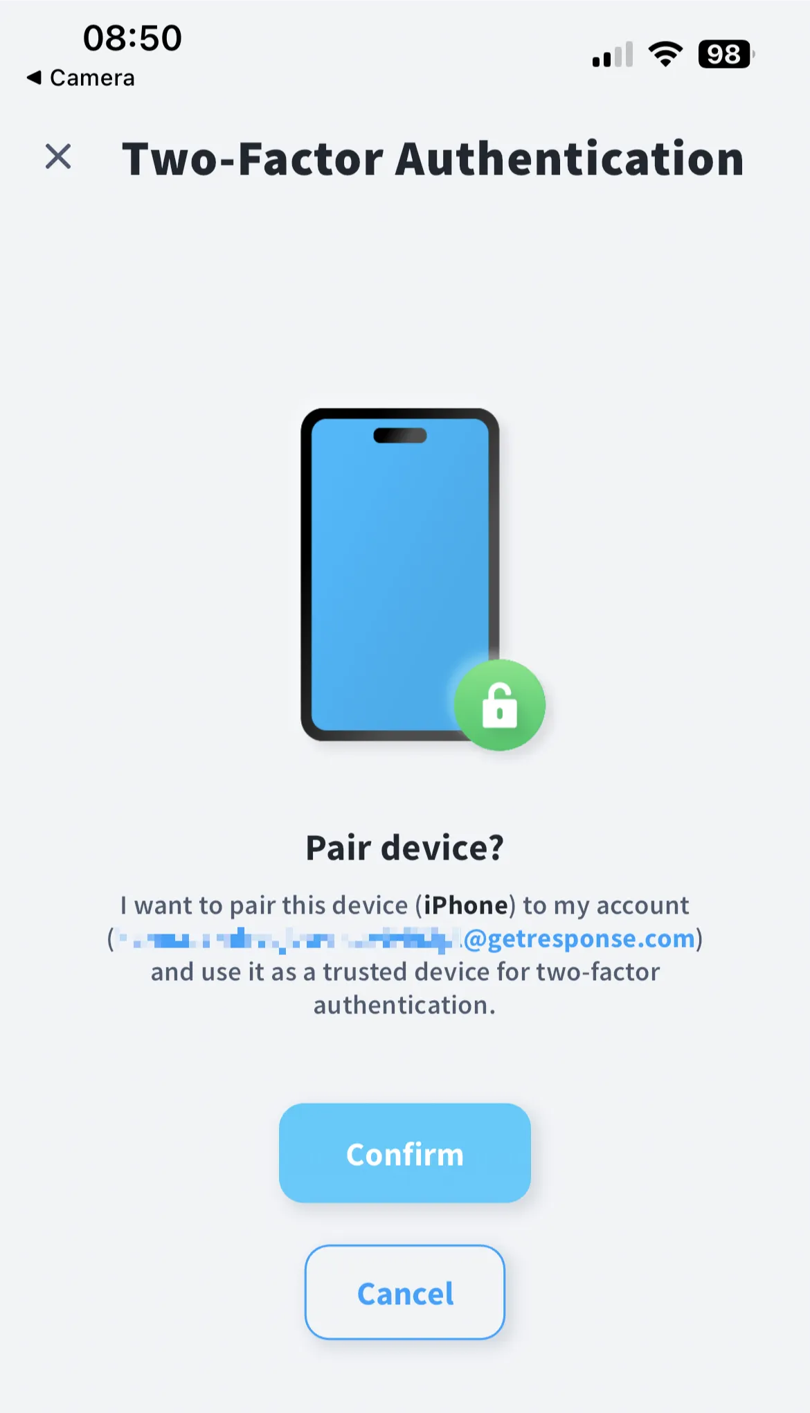 pairing device for two factor authentication in GetResponse app