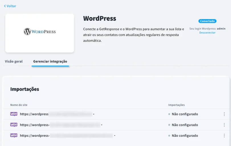 wordpress na getresponse lista de sites integrados