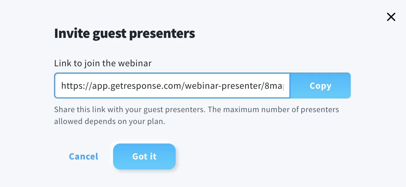 The image shows how the "invite guest presenters" window looks like