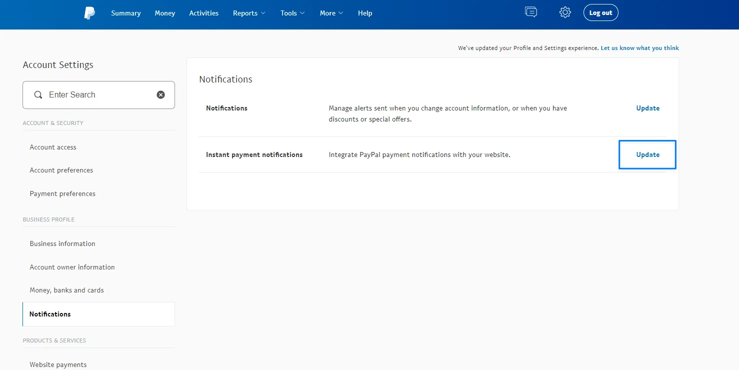 update instant payment notification in paypal