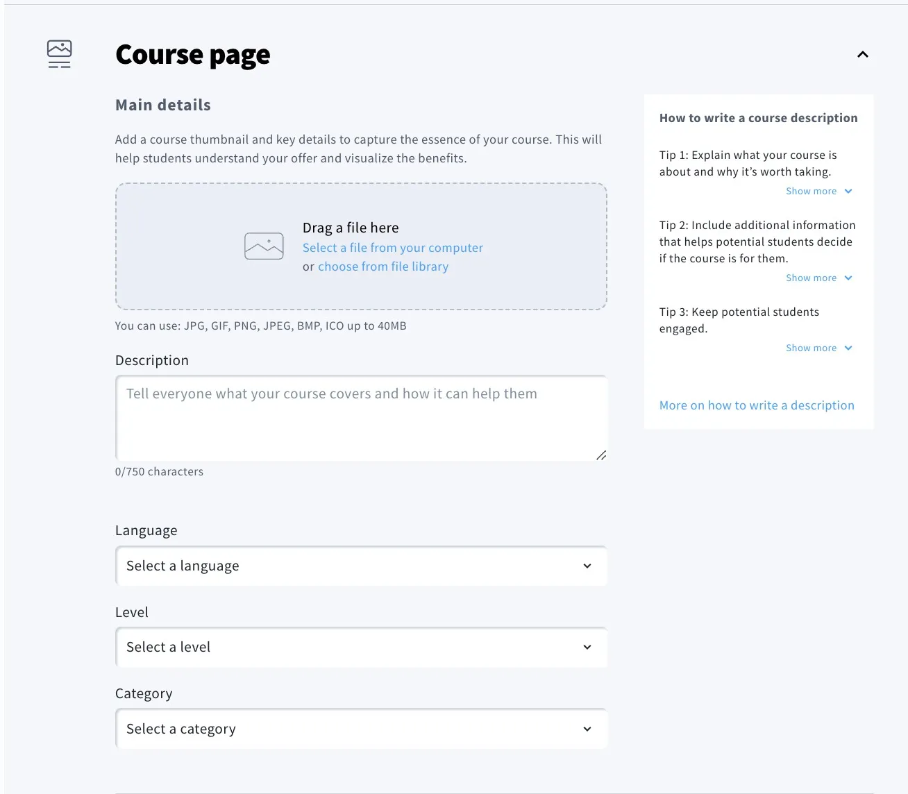 The image shows how the course page interface looks like.