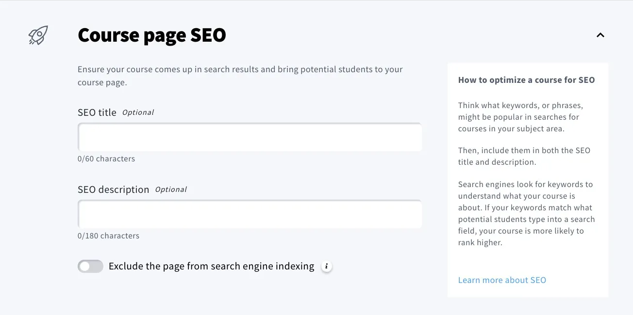 The image shows how the course page SEO settings look like.