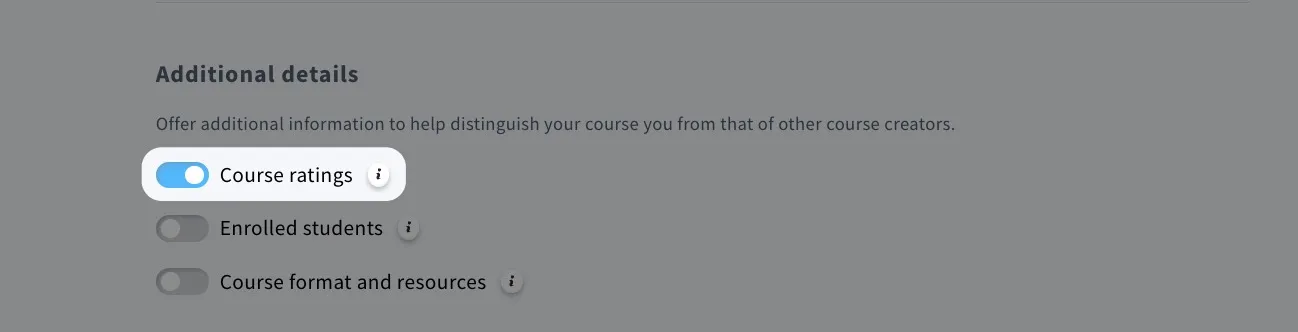 The image shows where you can enable the option to show course ratings on your course page.