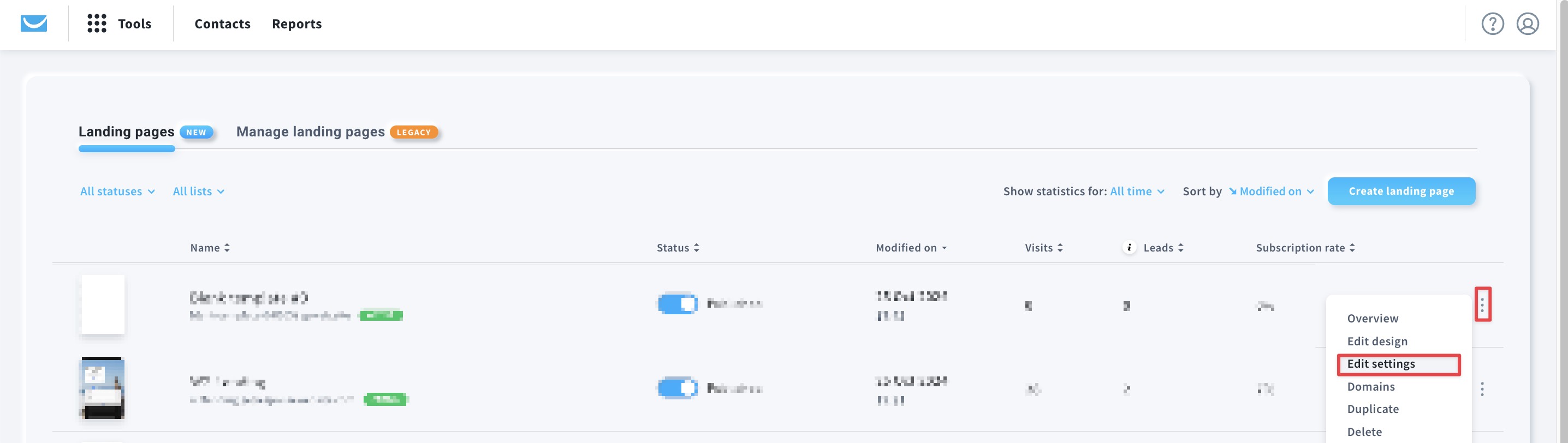 The image shows how to access the settings of a landing page.