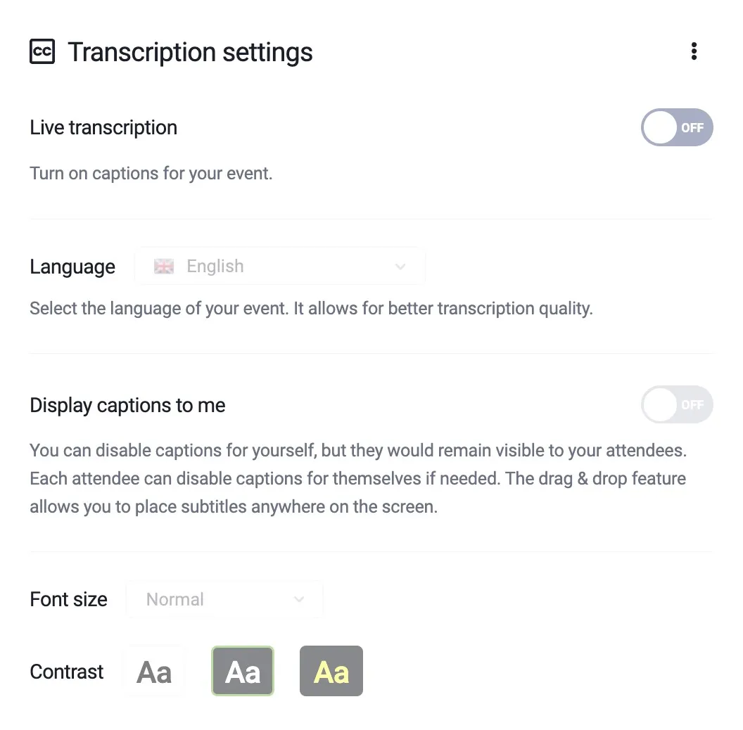 The image shows transcription settings.