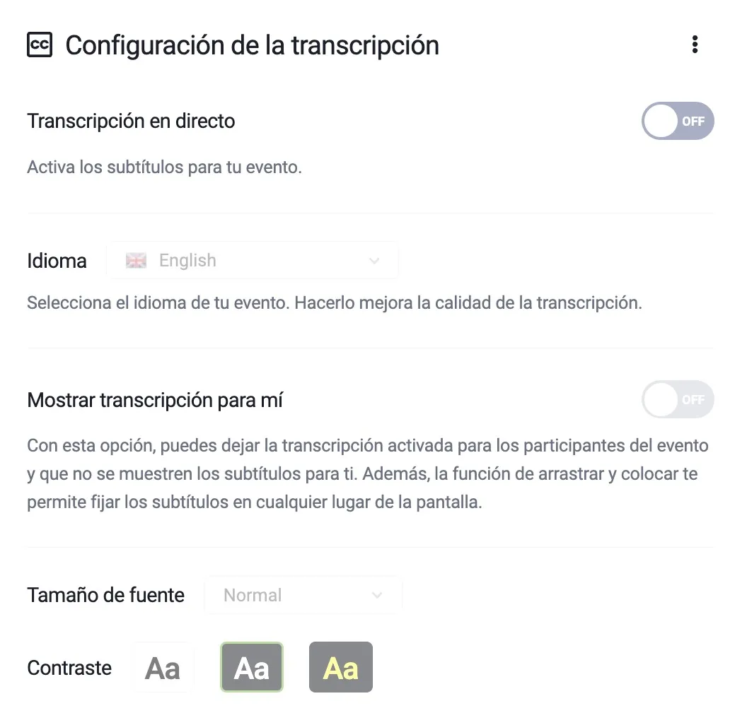 La imagen muestra los ajustes de transcripción.