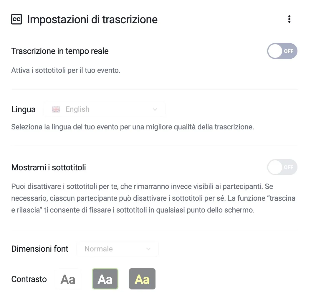 L'immagine mostra le impostazioni di trascrizione.