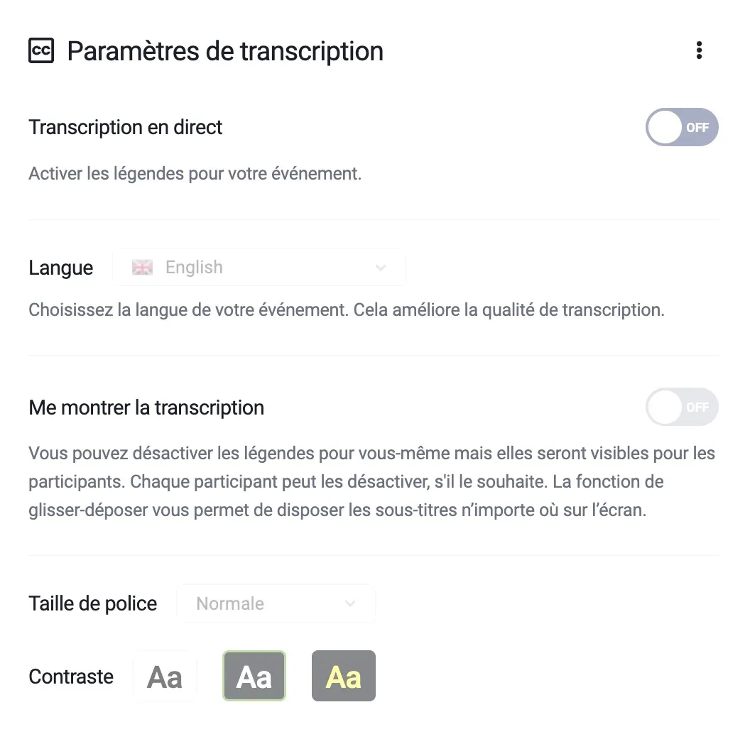 L'image montre les paramètres de transcription.