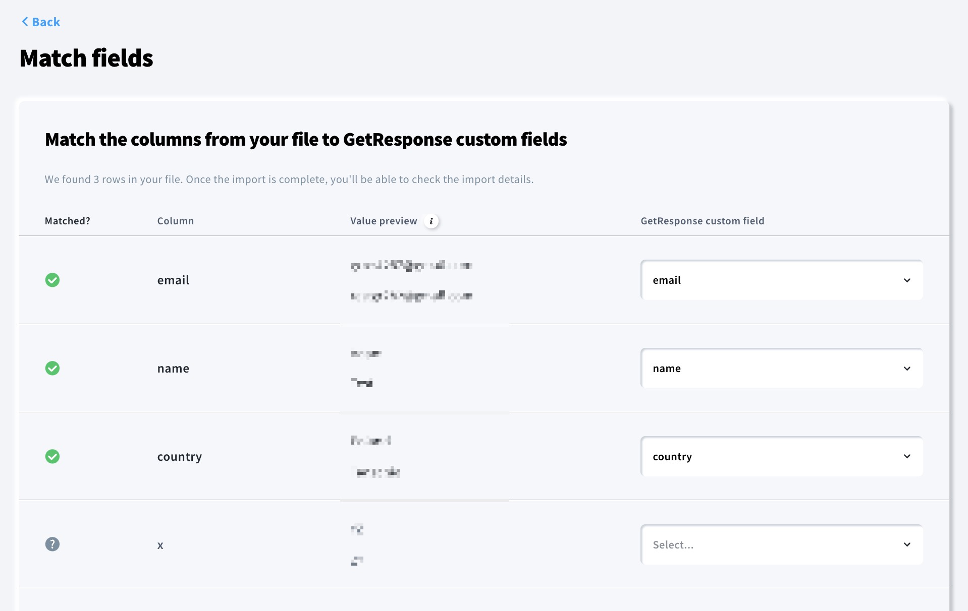 The image shows the custom field matching screen.