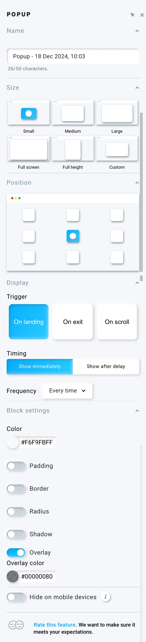 popup settings in lps