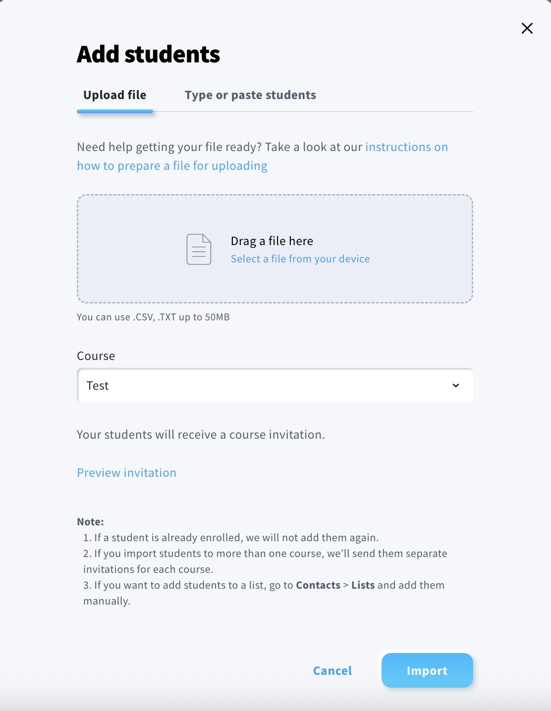 The image shows how you can insert students by uploading a file