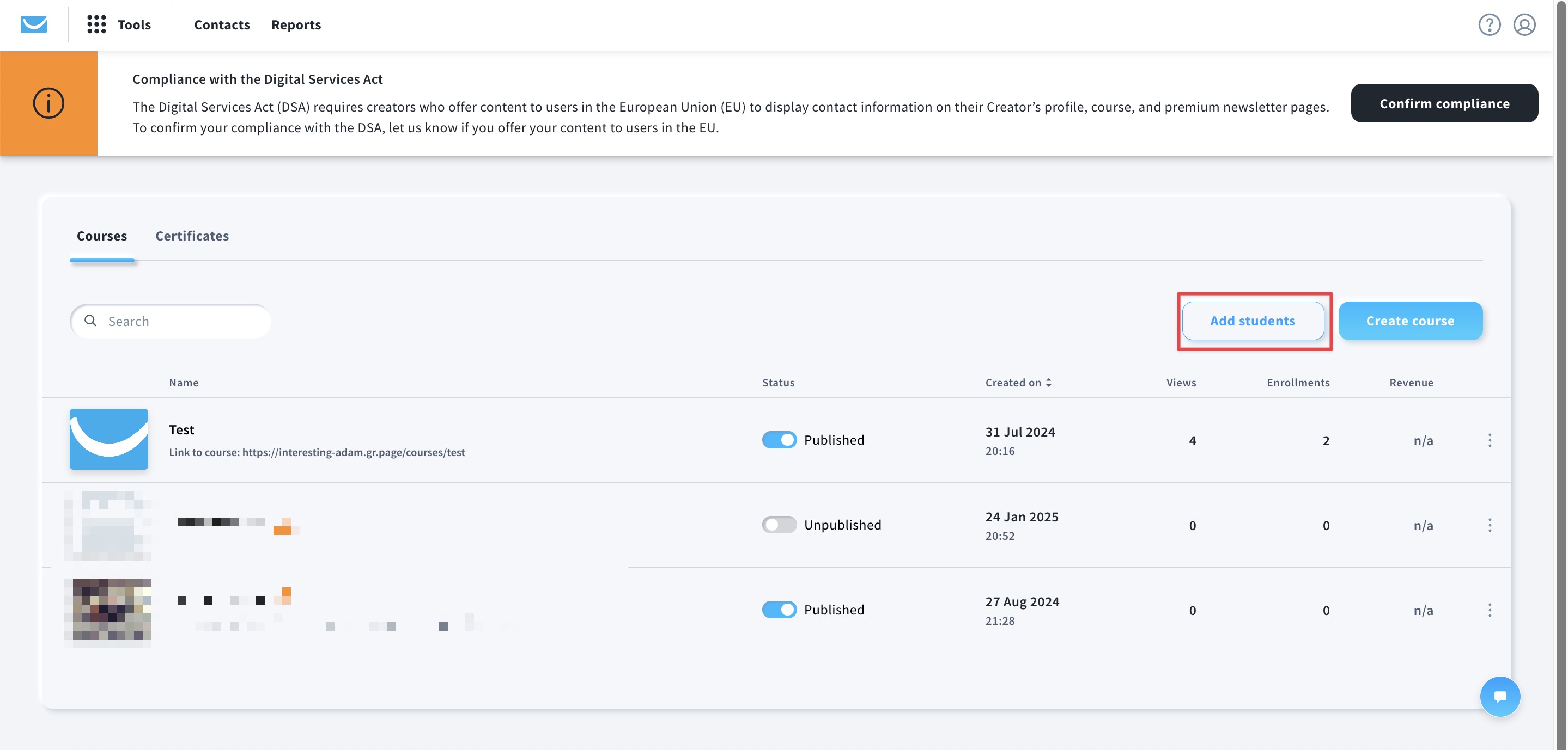 The image shows where you can find the add students option.