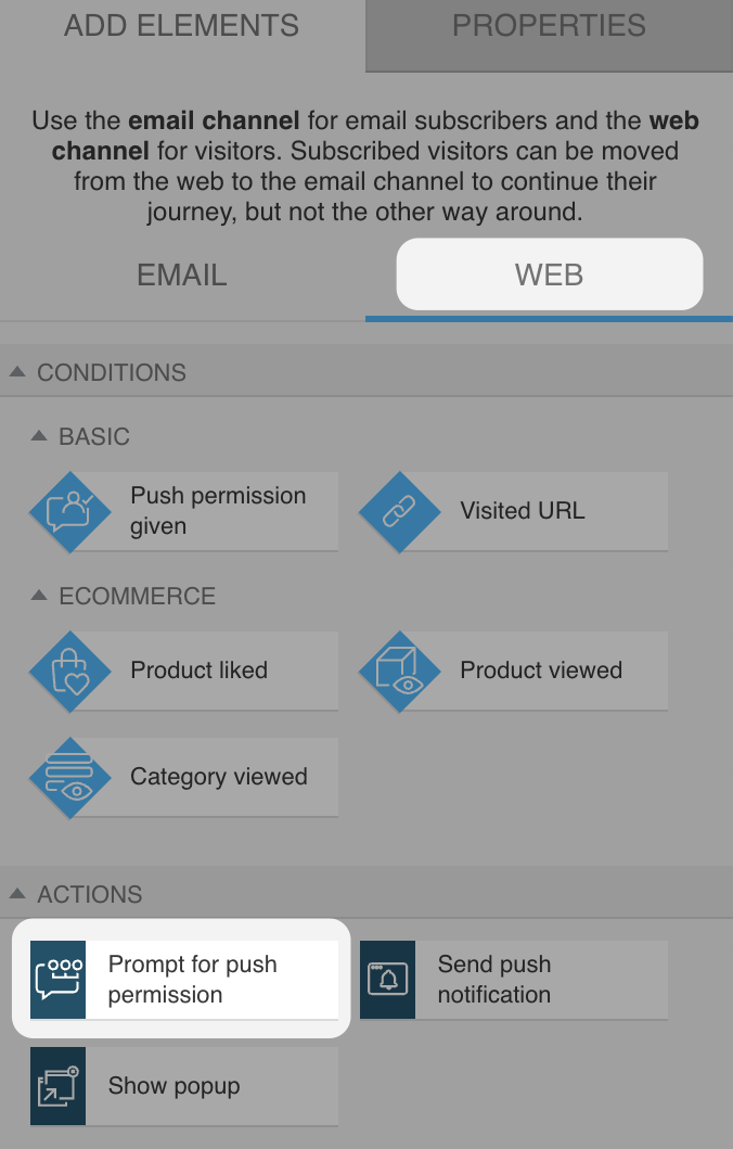 web channel automation section with 'Prompt for push notification' action selected under basic web actions