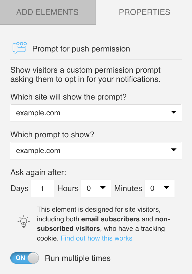 settings of the Prompt for push notification action