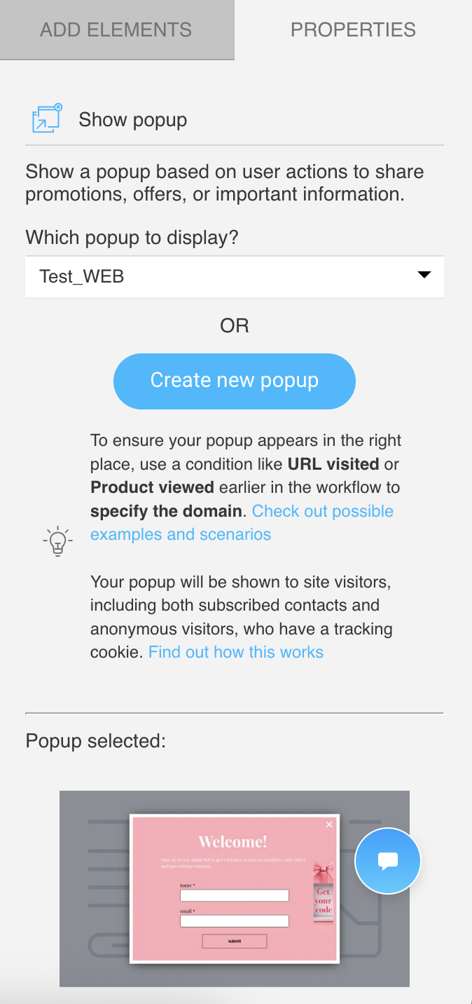settings of the Show popup action