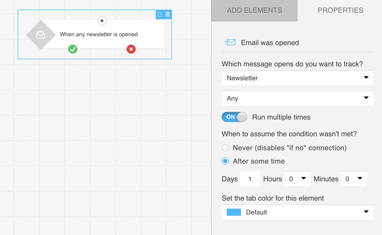 Message opened element and its settings showing how to configure the negative path when condition is not met