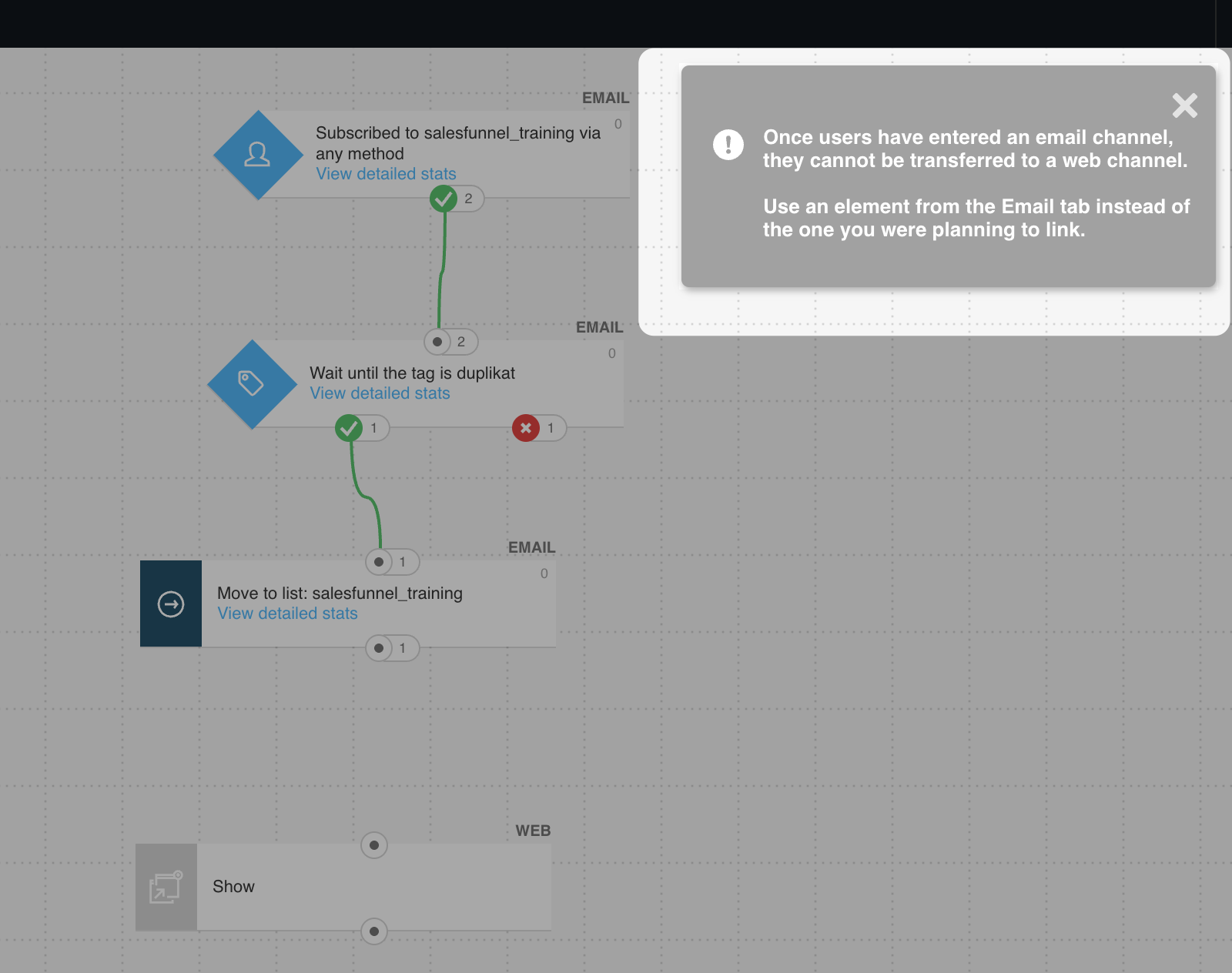 warning message displayed when trying to add a web element to an email-based path