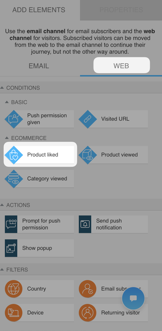 web channel automation section with 'Product liked' condition selected under basic web conditions