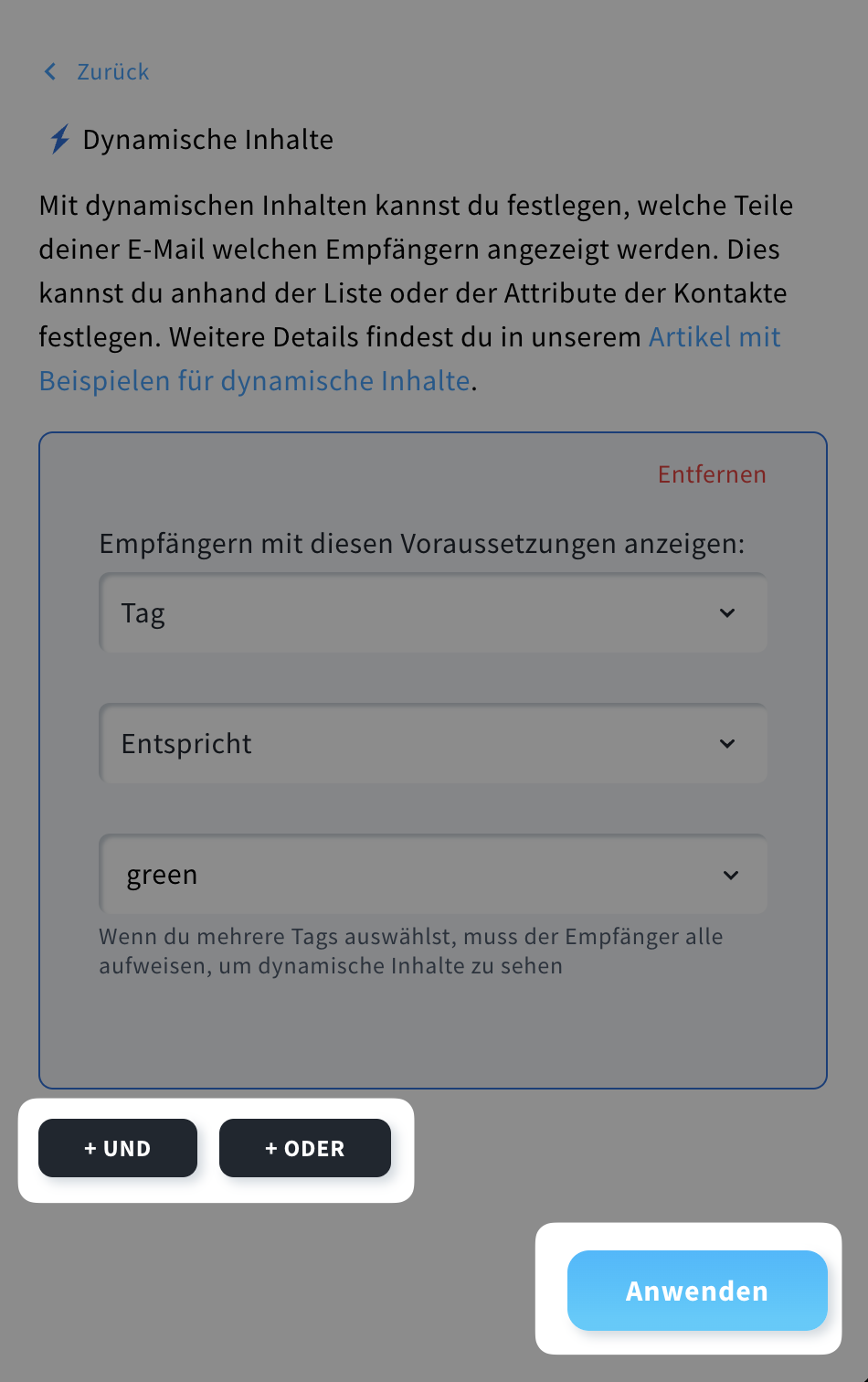  Dynamischer Inhalt mit Tag ist grün ausgewählt, hervorgehobene Schaltflächen: UND, ODER, ANWENDEN