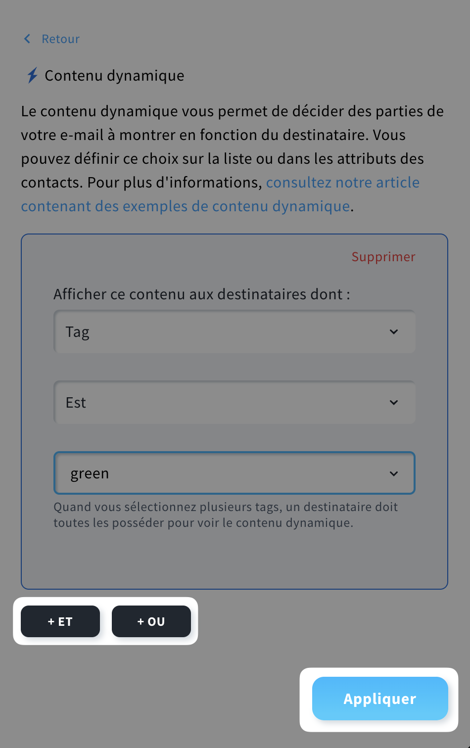  Contenu dynamique avec le tag “green” sélectionné et boutons mis en surbrillance : ET, OU, APPLIQUER