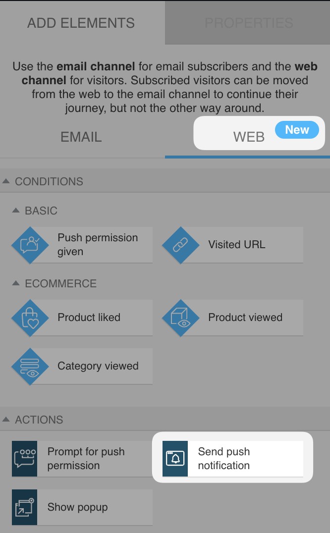web channel automation section with 'Send push notification' action selected under basic web actions